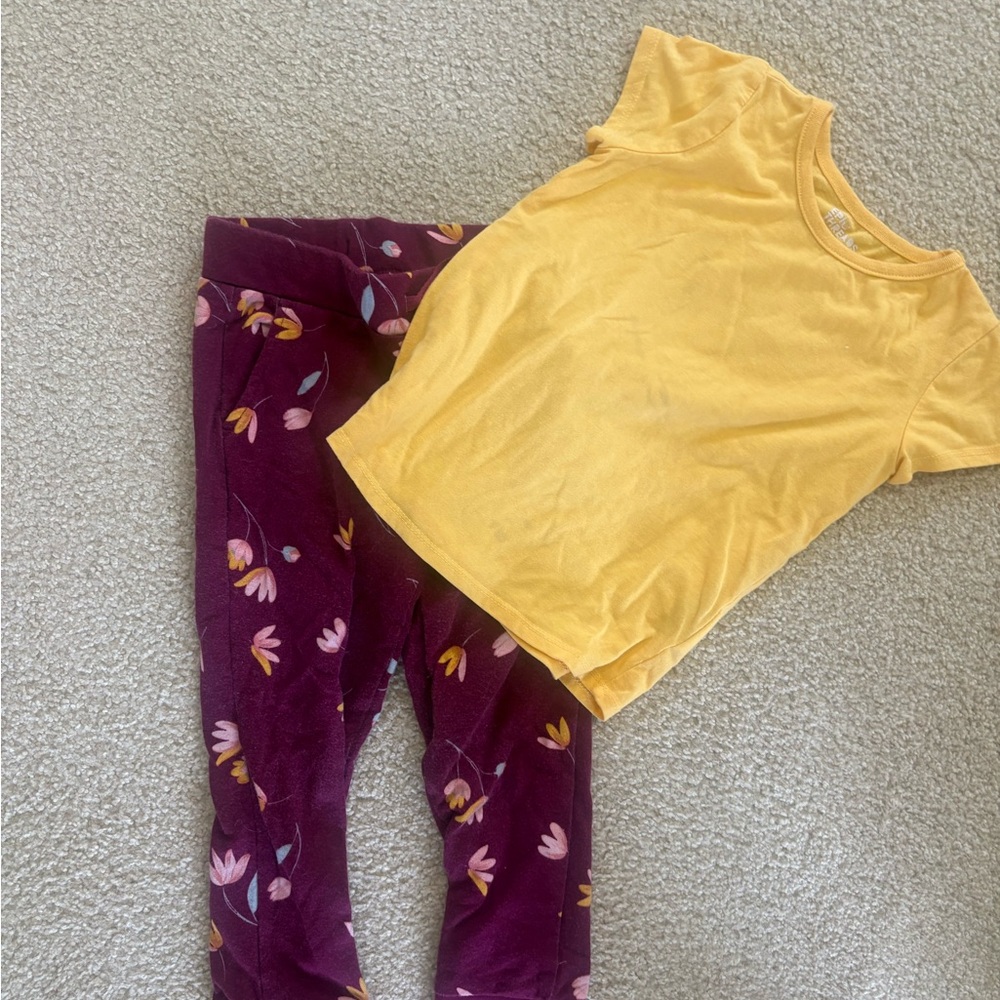 Toddler Girls 4T Floral Burgundy Leggings with Mustard Yellow Tee set